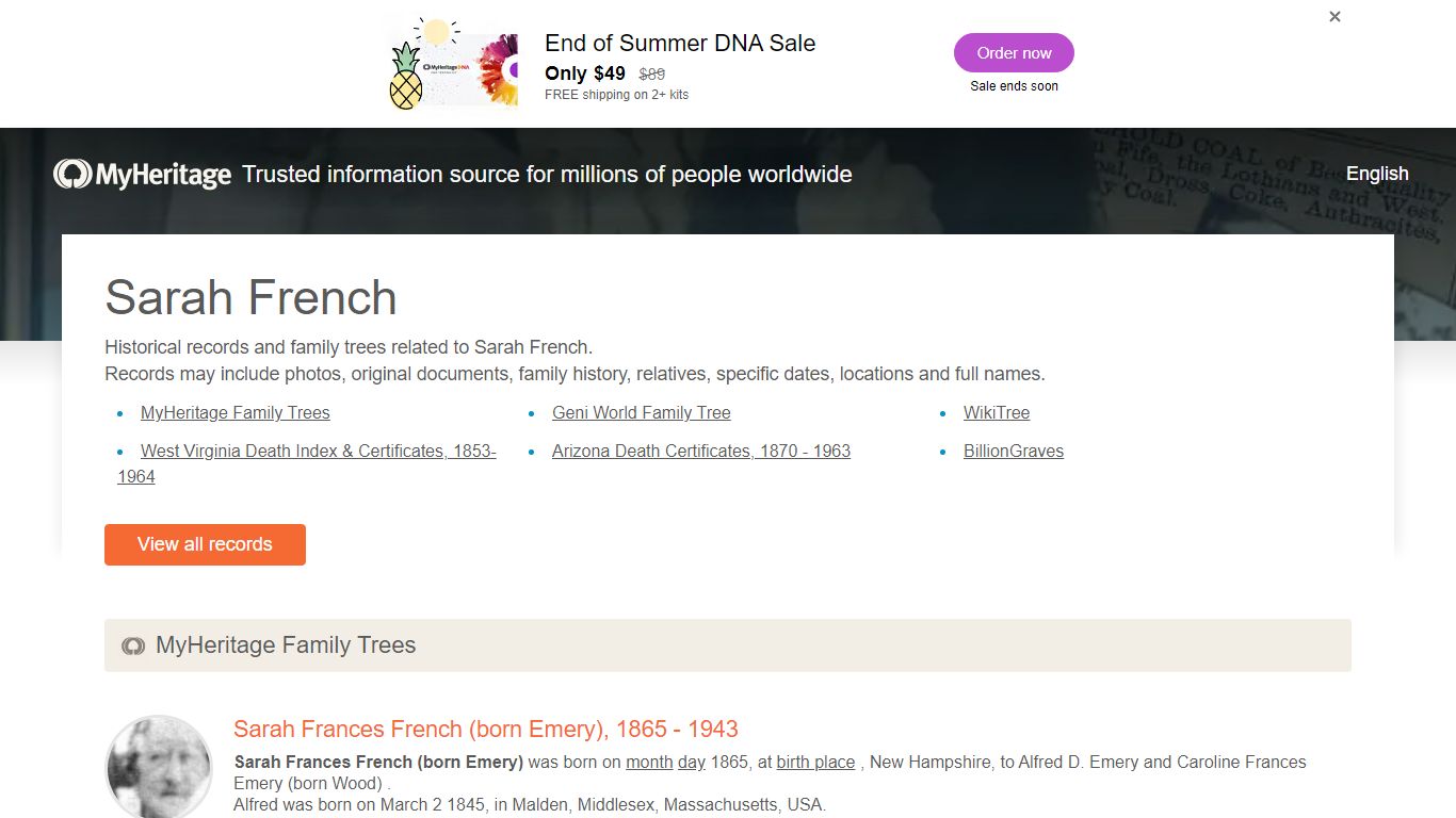 Sarah French - Historical records and family trees - MyHeritage